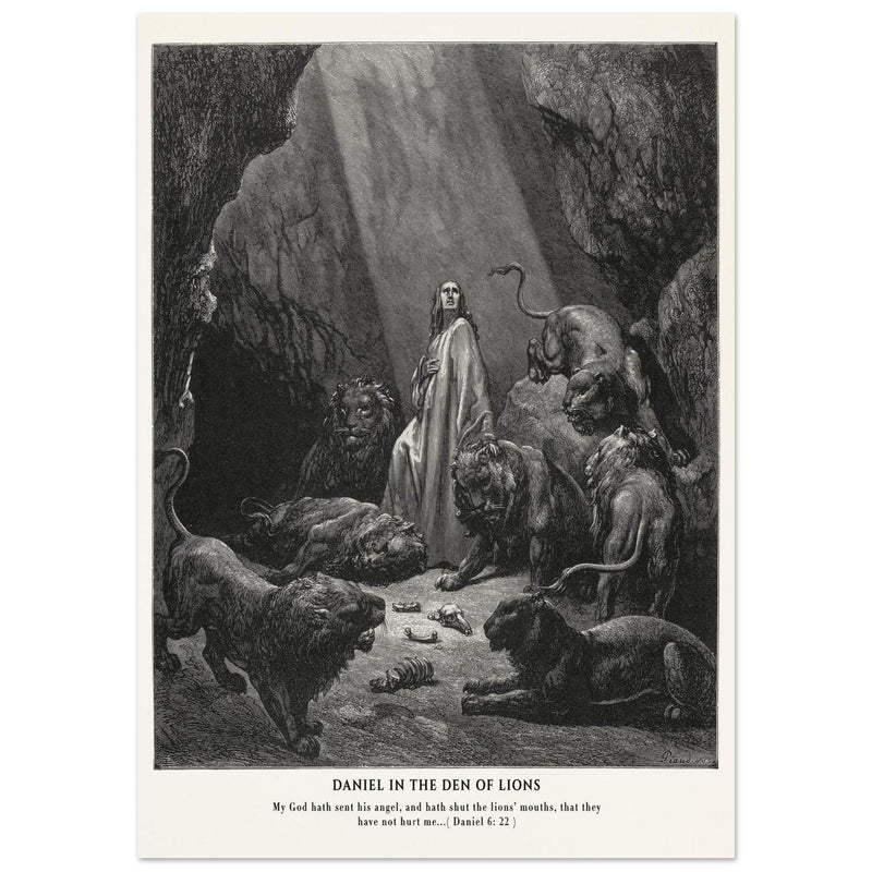 Gustave Dore The Bible engraving print . Daniel in the den of lions illustration .