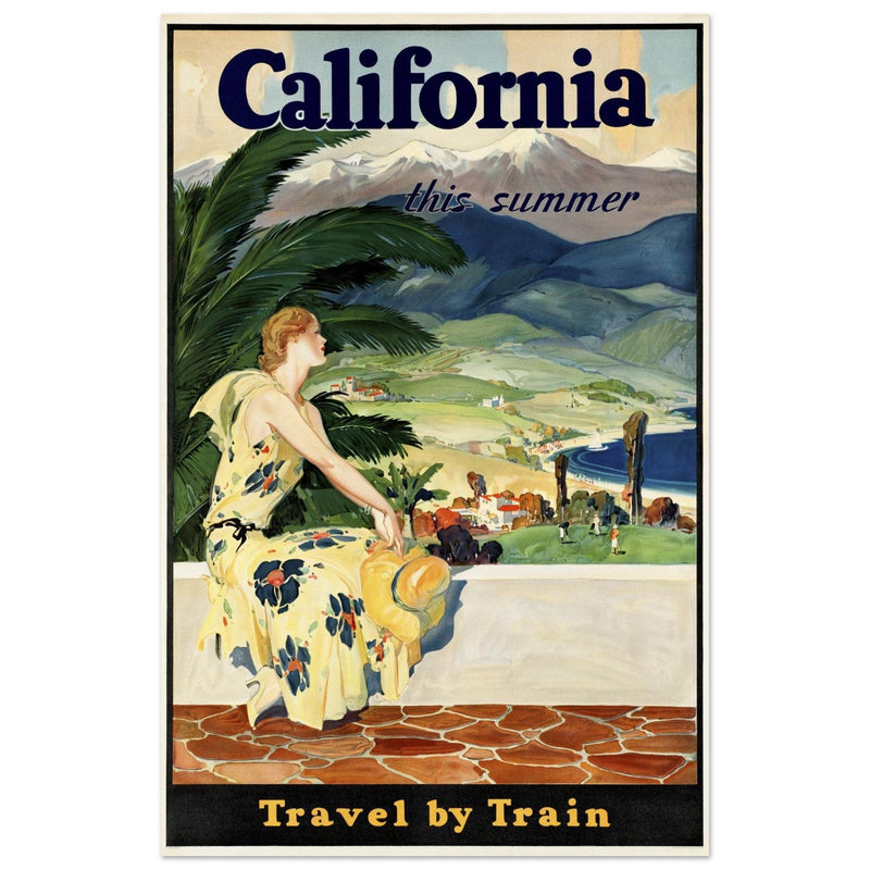 California this summer Travel by Train vintage poster. Travel advertising print.