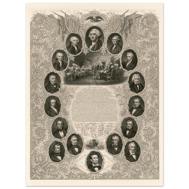 The Declaration of Independence and portraits of the United States  presidents. Walla rt decor