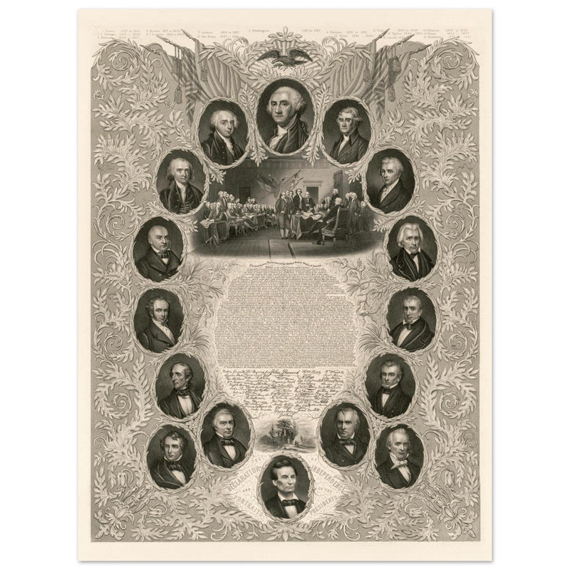 The Declaration of Independence and portraits of the United States  presidents. Walla rt decor