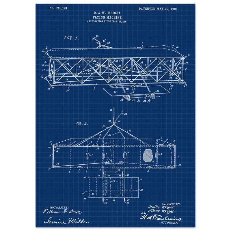 Flying machine patent 1906 by the Wright brothers. Vintage airplane.