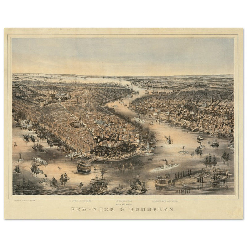 New York City aerial view. 1852 Vintage antique map reproduction.