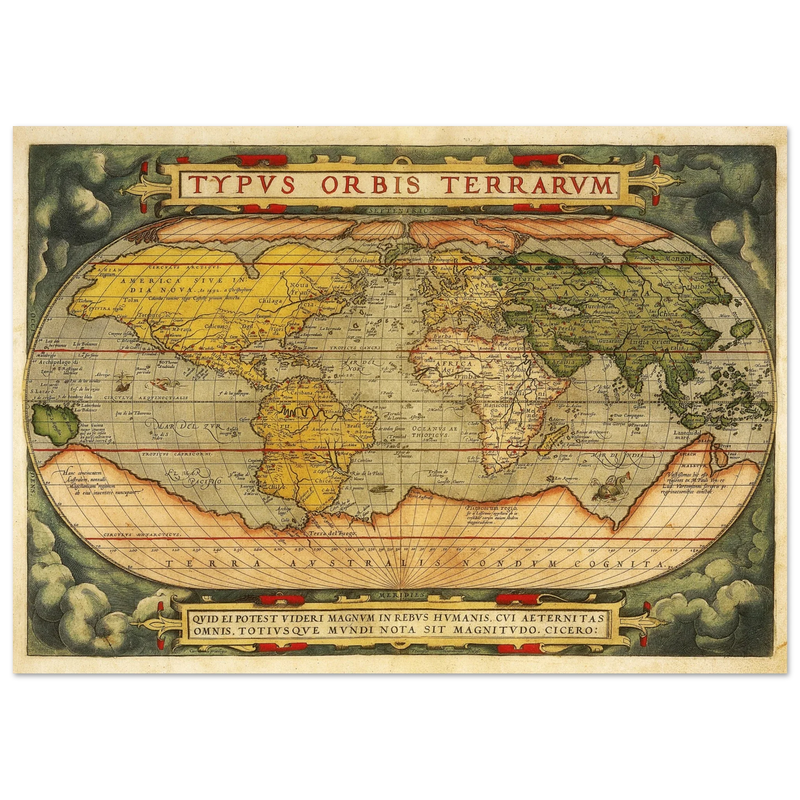Ancient map reproduction print of a world map of 1579 Typus Orbis Terrarum by Abraham Ortelius.