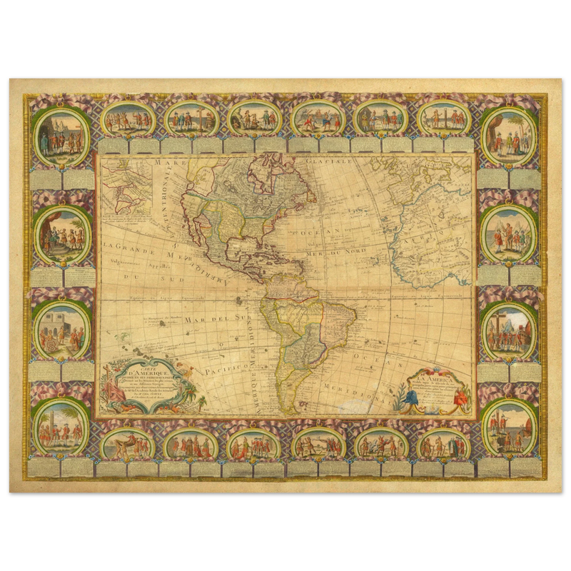 Ancient illustrated map of America. Poster of old cartography of the XVIII Century. Fine art .