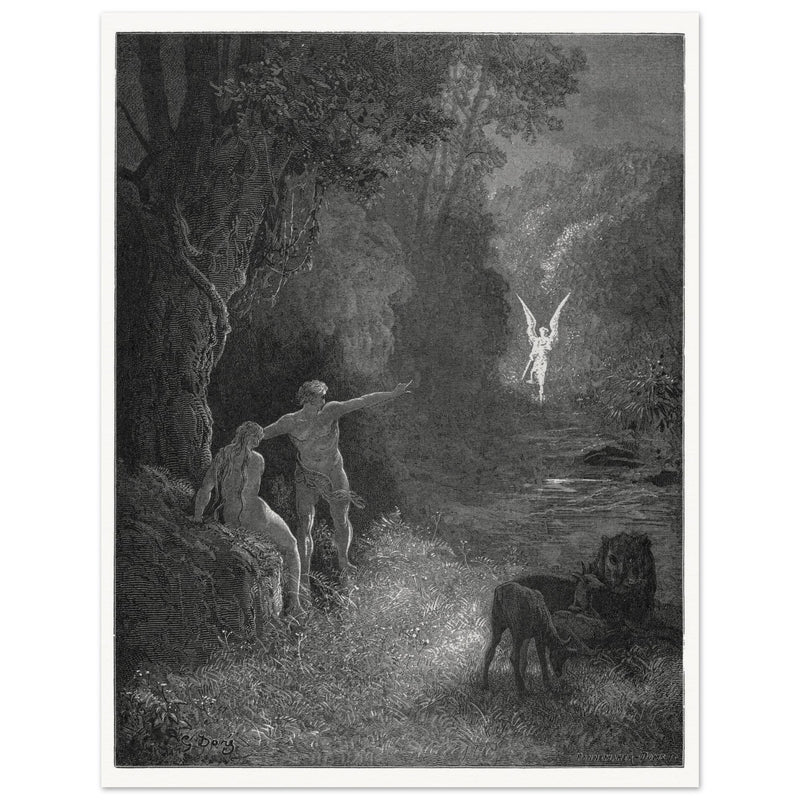 Gustave Dore Paradise Lost engraving . Adam and Eve and Archangel Raphael in eden.