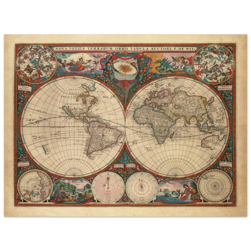 1660 Ancient old world map. Double hemisphere antique map reproduction.