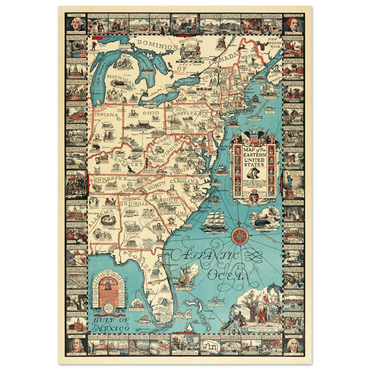Vintage pictorical map of Map of the Eastern United States by Griswold Tyng. History of the USA.