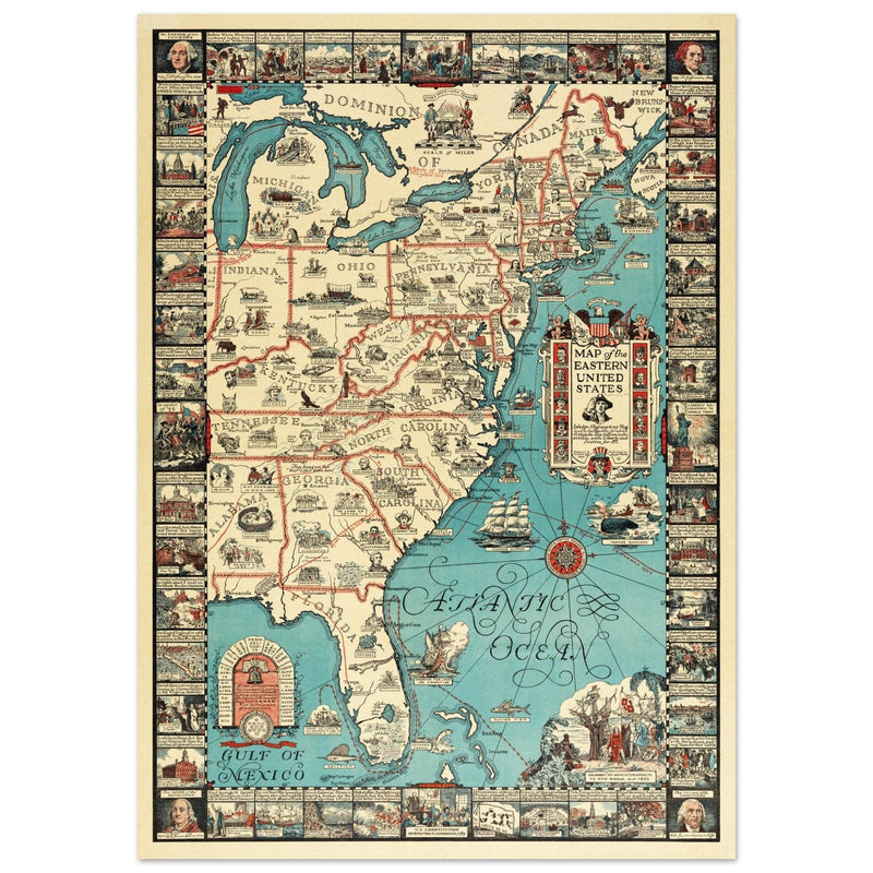 Vintage pictorical map of Map of the Eastern United States by Griswold Tyng. History of the USA.