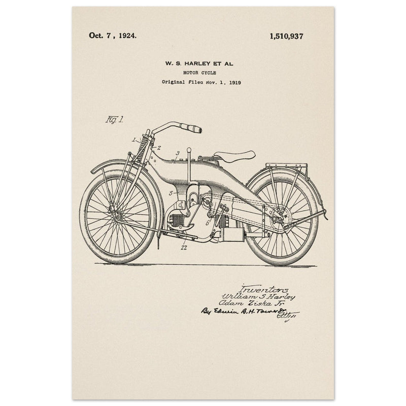 Vintage motorcycle patent by William S Harley founder of harley davidson.