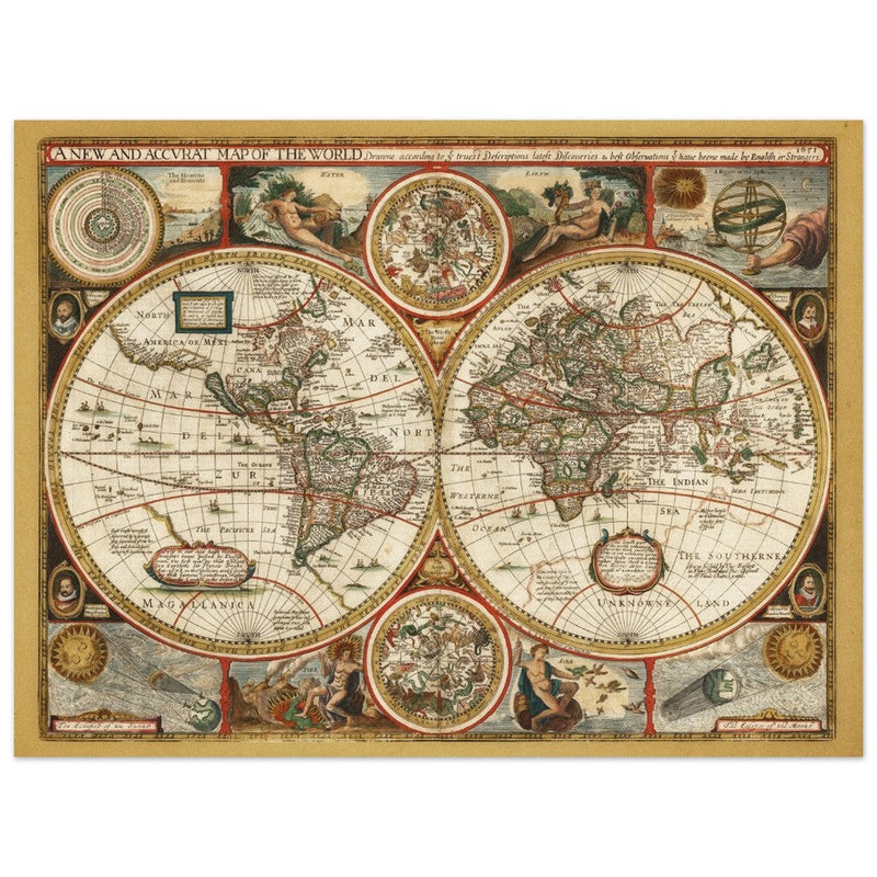 Ancient world map. Beautiful illustrated double sphere cartography of the XVIII Century by Frederick de Wit