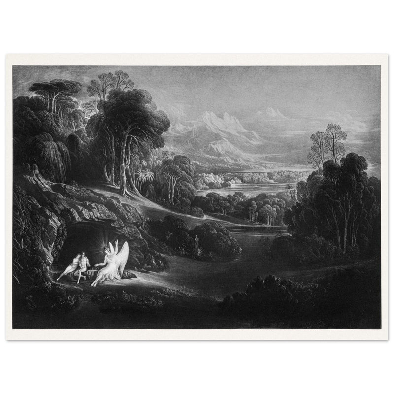 John Martin Paradise Lost vintage mezzoting engraving . Raphael Conversing with Adam and Eve .