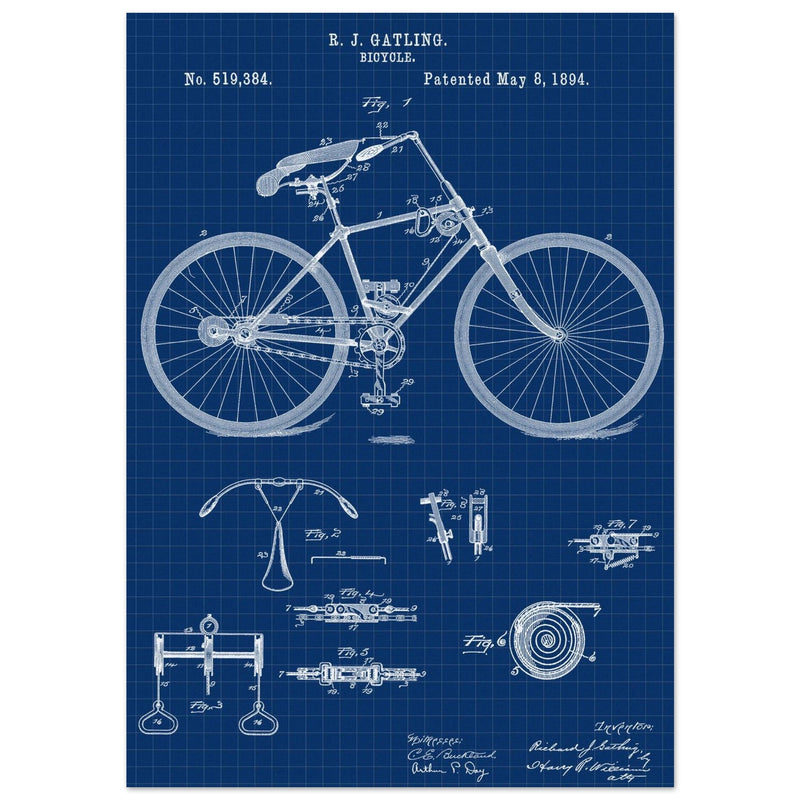 Vintage bicycle patent by Richard J Gatling 1894