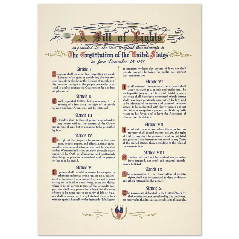 A Bill of Rights as provided in the ten original amendments to the constitution of the United States of America.