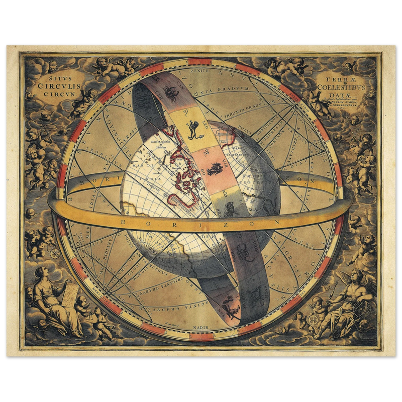 Ptolemaic map of the universe with the spherical earth. Celestial map. Situs Circulis Circun / Terrae Coelestibus Datae by Petrum Schenk