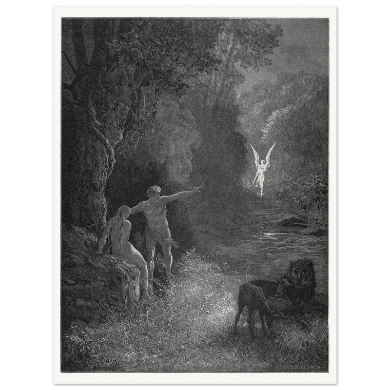 Gustave Dore Paradise Lost engraving . Adam and Eve and Archangel Raphael in eden.