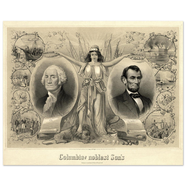 Abraham Lincoln and George Washington. Columbia's noblest sons engraving