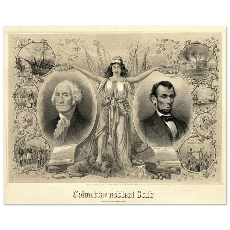 Abraham Lincoln and George Washington. Columbia's noblest sons engraving