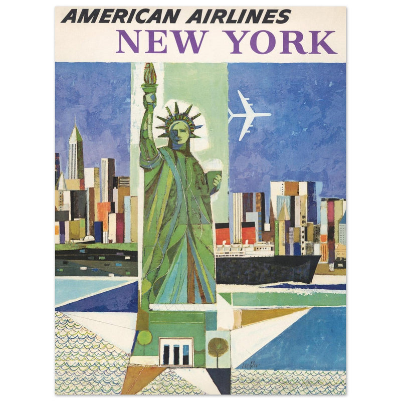 New York City vintage travel advertising poster for American Airlines. Statue of Liberty