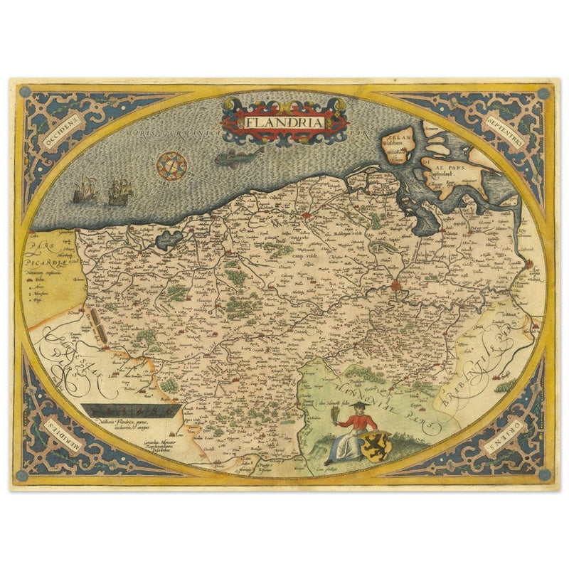 Ancient map of Flandria by Abraham Ortelius 1584. Vintage map  .