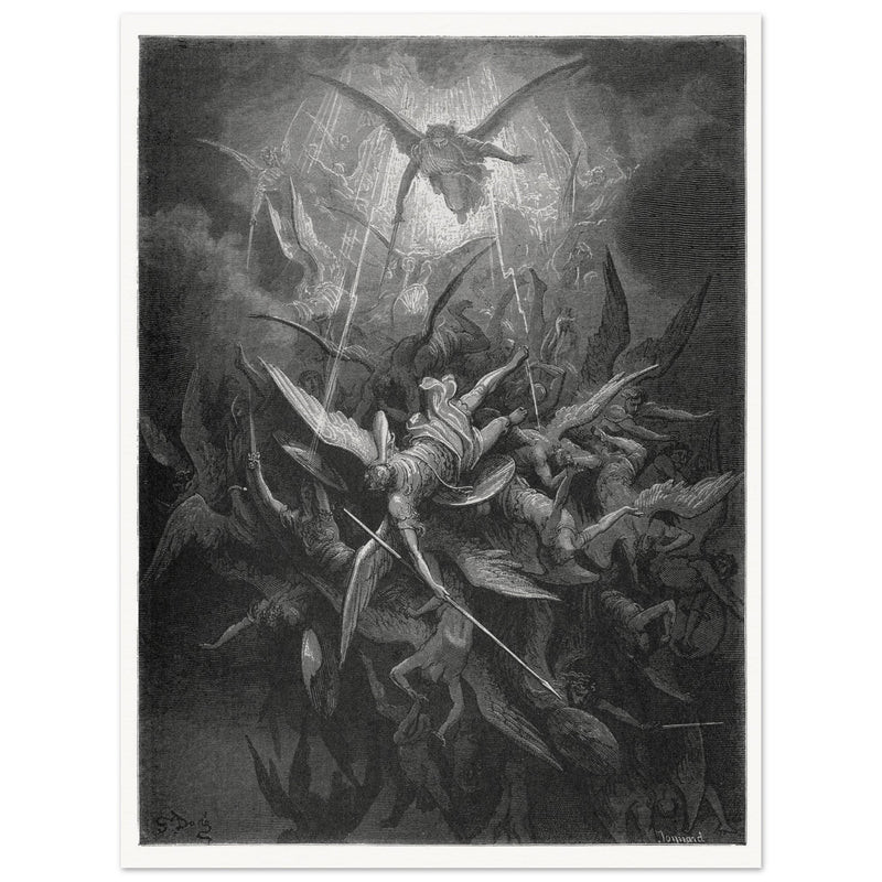 Gustave Dore  Paradise Lost engraving . Dawnfall of Satan with his fallen angels driven out from Heaven .