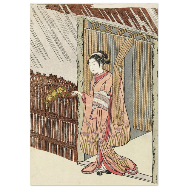 Girl with a yamabuki branch in hands by Suzuki Harunobu XVIII Century Woodblock print reproduction,