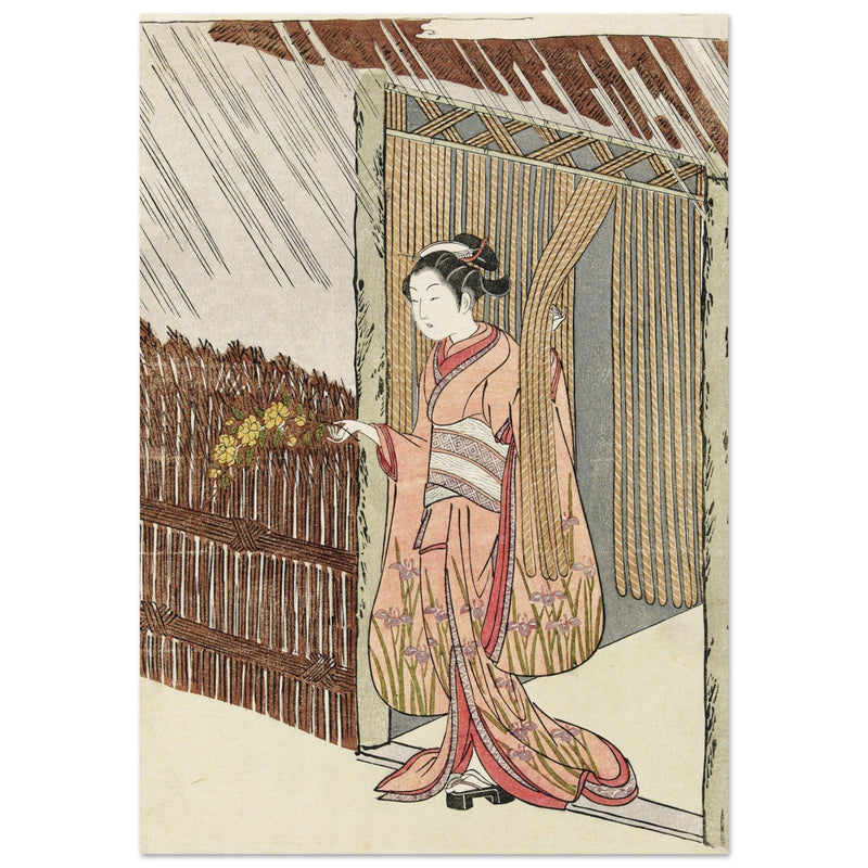 Girl with a yamabuki branch in hands by Suzuki Harunobu XVIII Century Woodblock print reproduction,