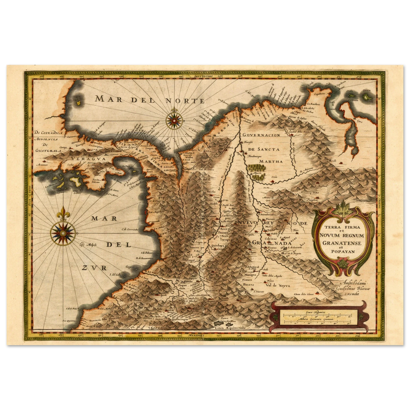 Ancient map print of Central America and the northwestern part of South America 1631.