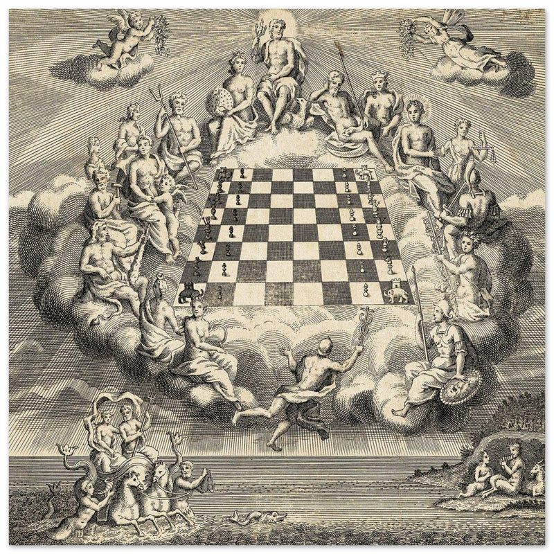 Gods of Olympus Surrounding a Chess Board by John Carwitham .