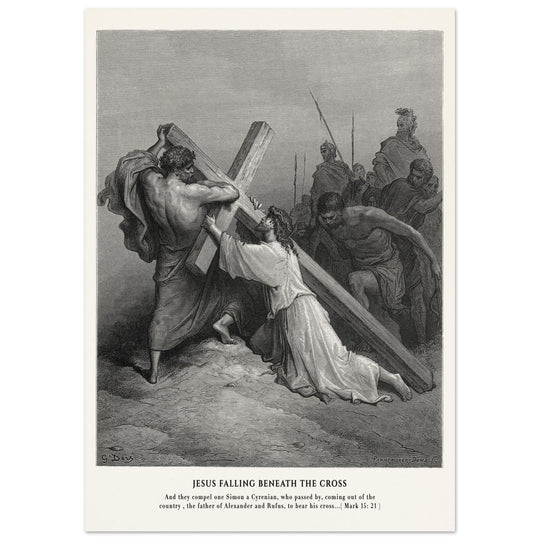 Gustave Dore The Bible engraving print . Jesus falling beneath the cross .