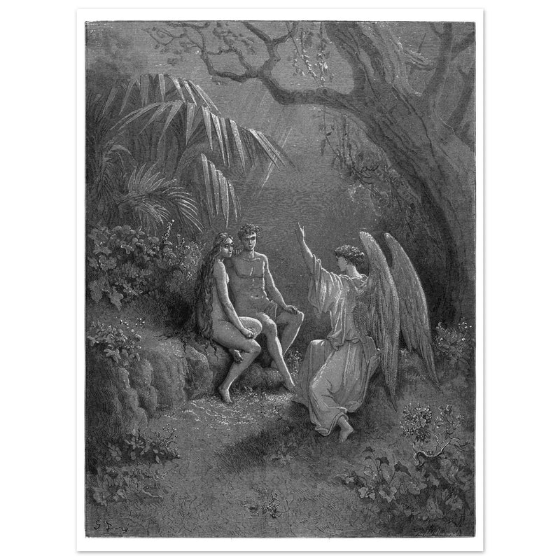 Gustave Dore Paradise Lost engraving . Archangel Rapahel with Adam and Eve in Eden.