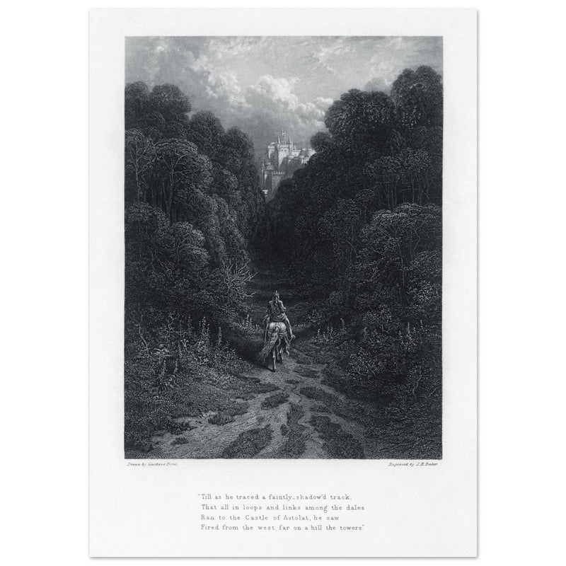 Gustave Dore illustration of King Arthur legend .Lancelot approaching the Castle of Astolat, Idylls of the King by Alfred Tennyson.