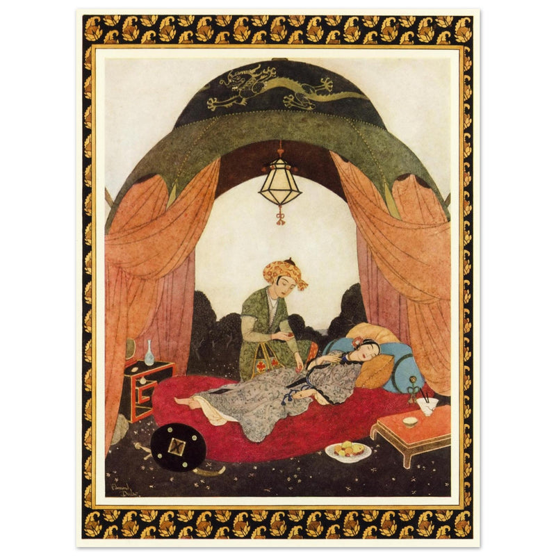 Edmund Dulac and one of his illustration for Princess Badoura fairy tale. Camaralzaman Finds the Talisman .