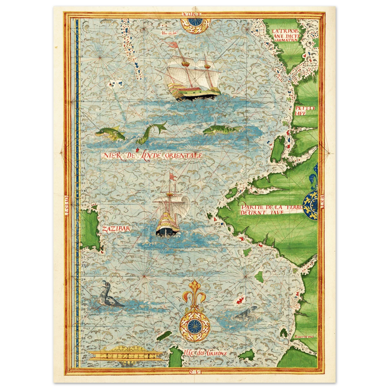 Ancient illustrated beautiful map poster reproduction by Guillaume Le Testu 1555