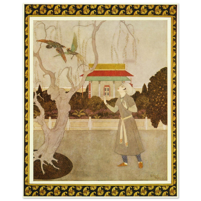 Edmund Dulac and one of his illustration for Princess Badoura fairy tale. Prince Camaralzaman and the Birds.
