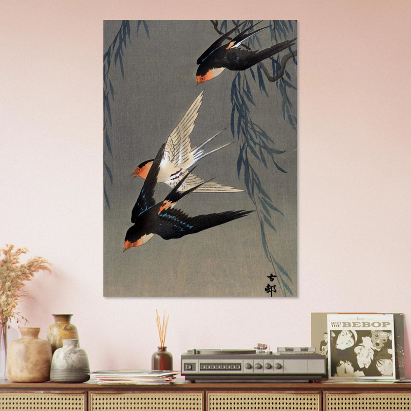 Ohara Koson Three red-rumped swallows in a dive