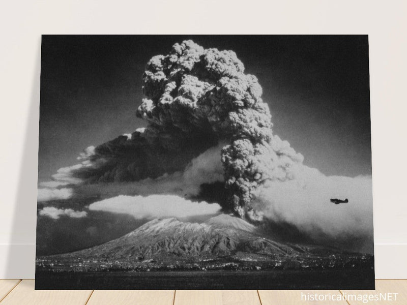 A Curtiss P-40 airplane in front of Mount Vesuvius' eruption in Italy 1944. War photography