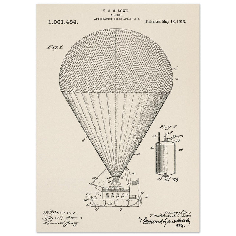 Airship patent drawing by T S C lowe Air balloon illustration