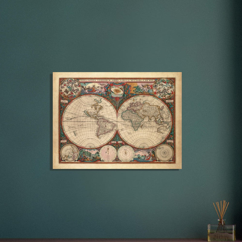 1660 Ancient old world map. Double hemisphere antique map reproduction.