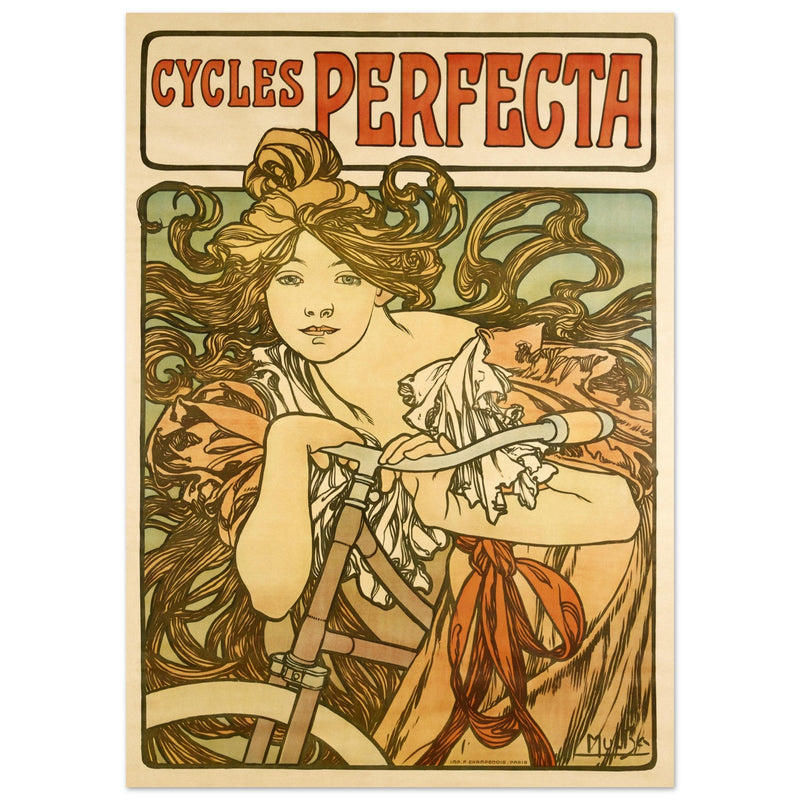Alphonse Mucha print Cycles Perfecta. Art Nouveau bicycle advertising poster.