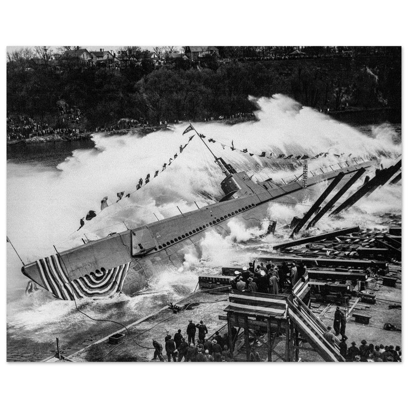 World War 2 black and white photograph. Launching of USS ROBALO warship.