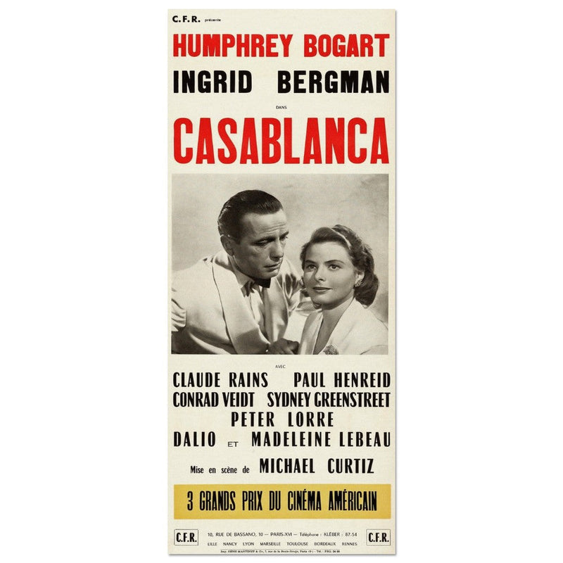 Casablanca with Humphrey Bogart and Ingrid Bergman movie poster. Vintage prints of films that changed cinema