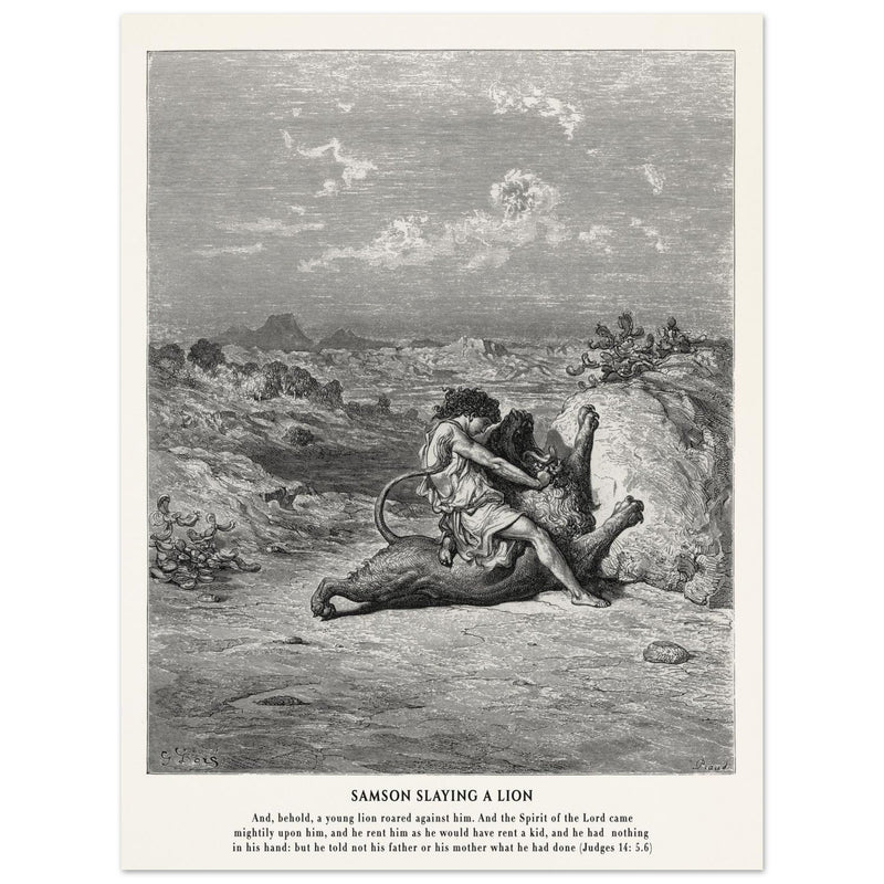 Gustave Dore The Bible engraving print . Samson slaying a lion illustration .