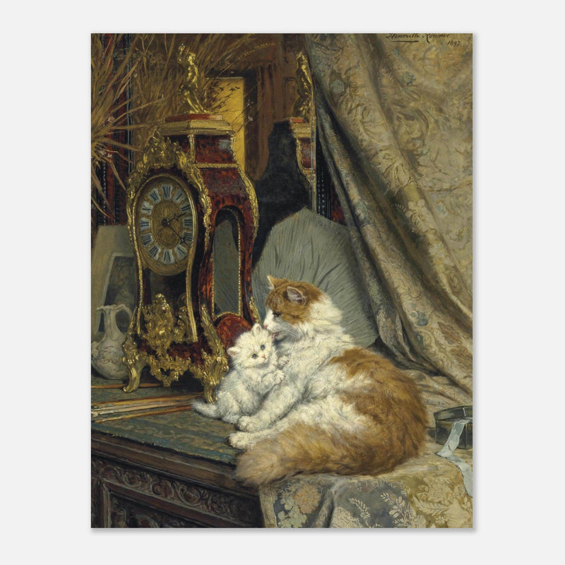 A Mother Cat and her Kitten with a Bracket Clock by Henriette Ronner Knip