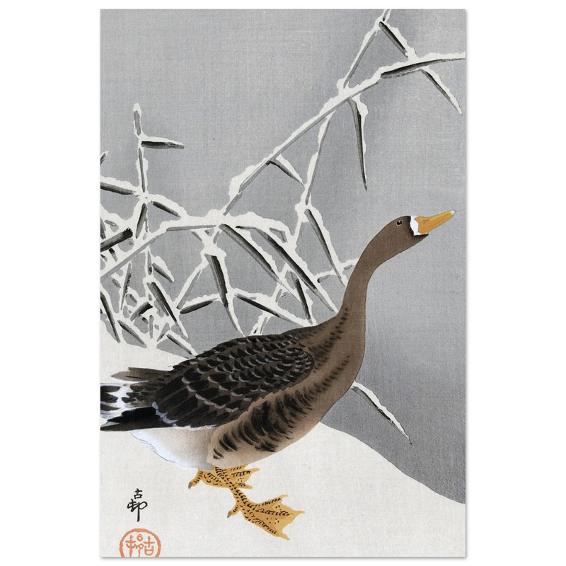 White-fronted goose in the snow by Ohara Koson
