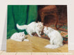 Three white cats playing old painting by Arthur Heyer.