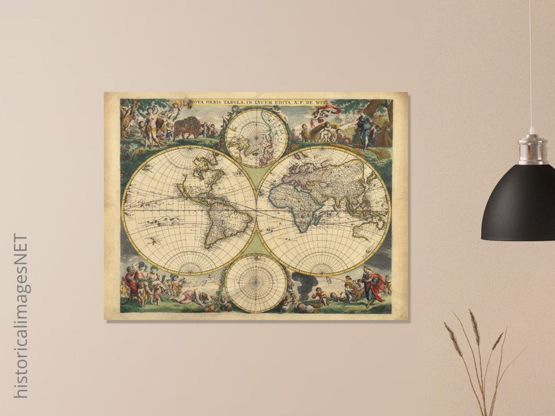 Frederik de Wit 1688 Ancient wold map. Double hemisphere antique old map reproduction. Nova orbis Tabula