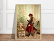 Young girl holding up piece of food in front of begging dog vintage illustration poster 1890
