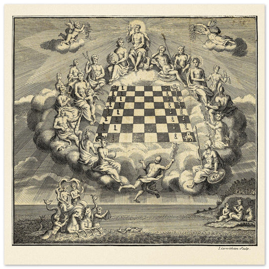 Gods of Olympus Surrounding a Chess Board by John Carwitham .