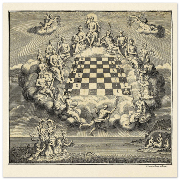 Gods of Olympus Surrounding a Chess Board by John Carwitham .