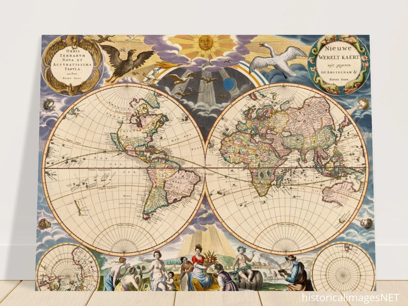 Beautiful antique world map reproduction of the XVII century Vintage illustrated map